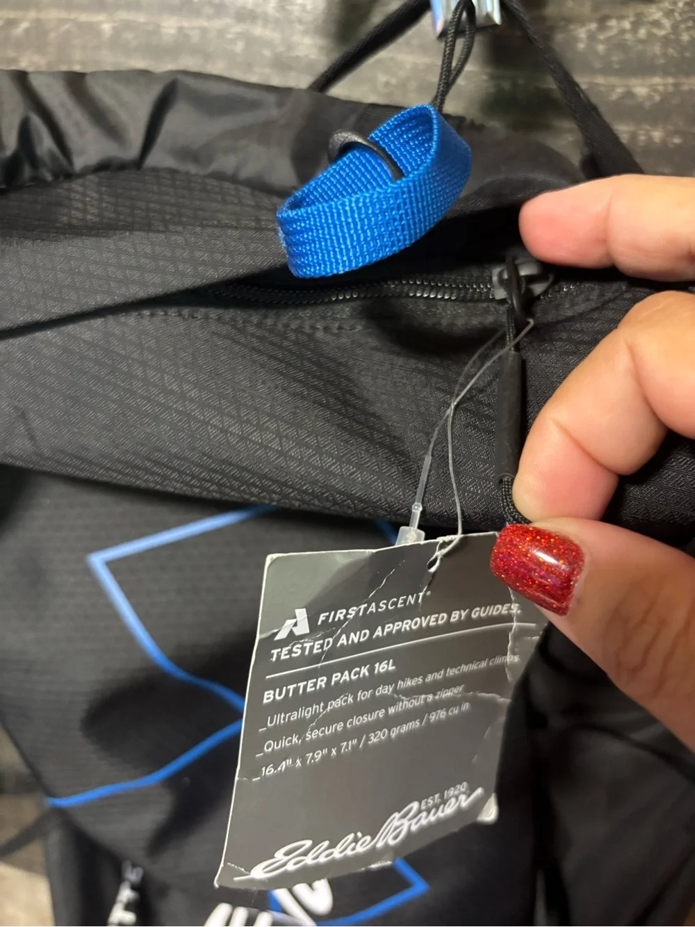 NWT Eddie Bauer Black Butter Pack 16L Backpack with Blue Accents
